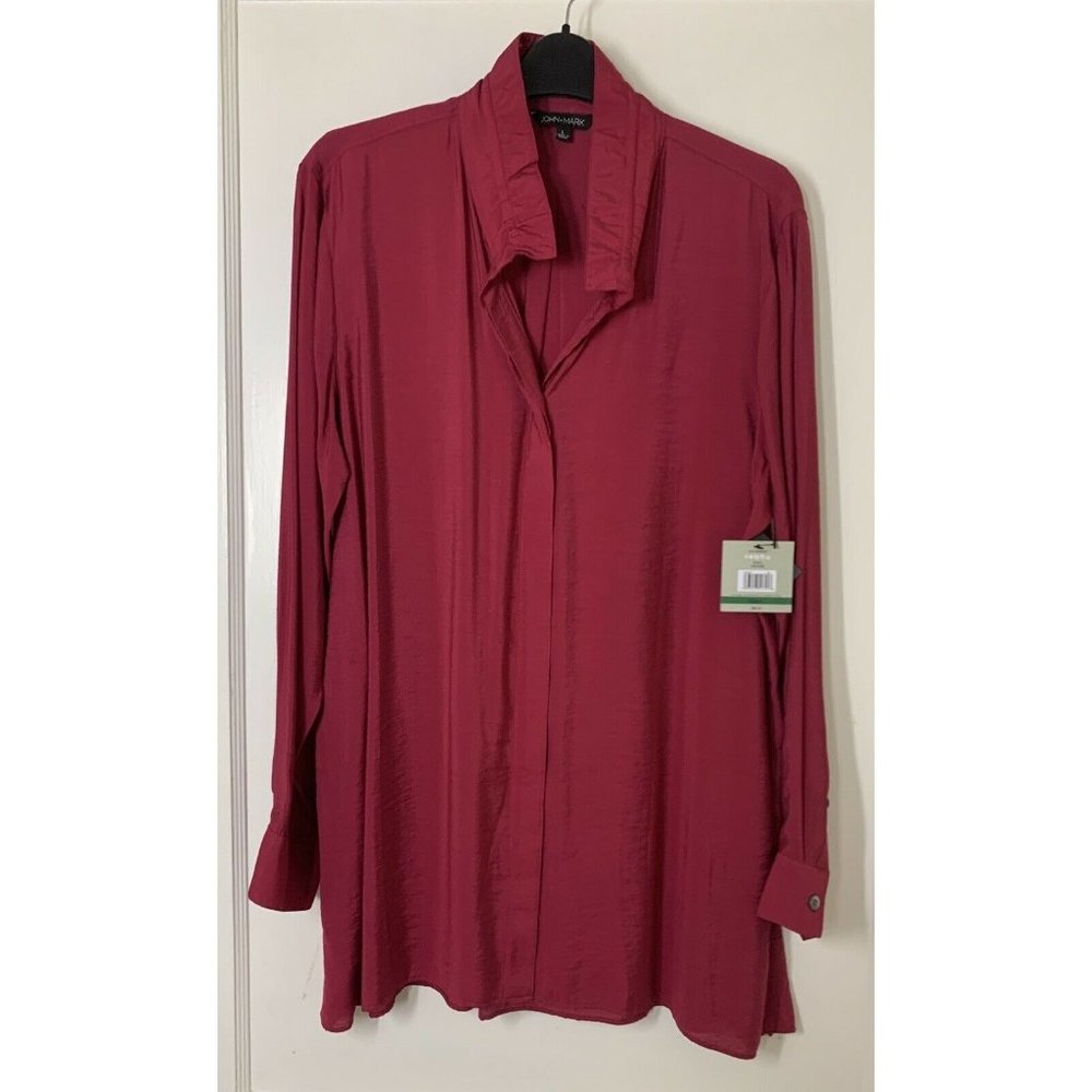 John Mark Pink Violet Wired Point Collar Long Sleeve Button Front Tunic sz L NWT